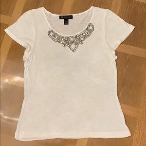 I N C white top with rhinestone neckline